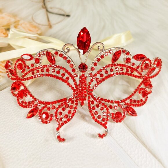 Red Butterfly Masquerade Ball Mask, Wedding Party Gold Eye Mask, Venetian Mask - Picture 1 of 4